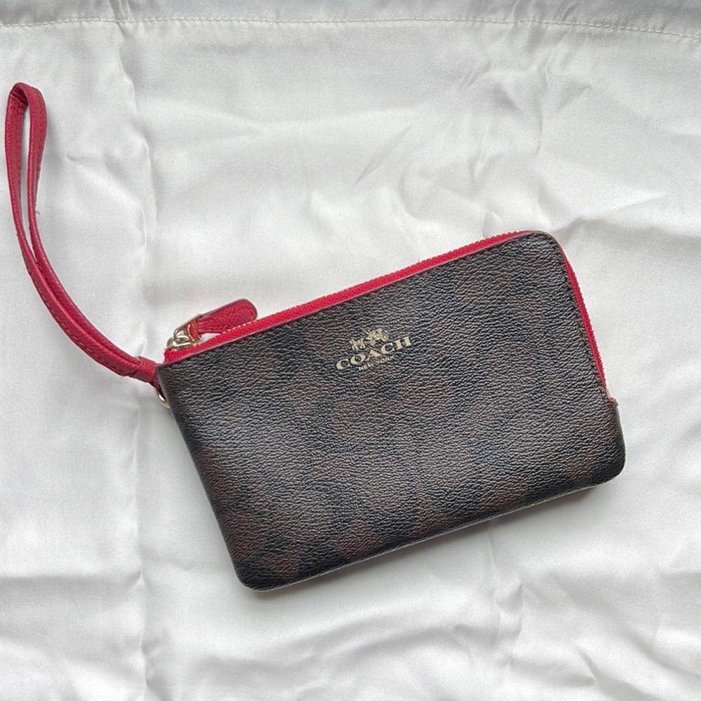 Coach Brown Wristlet with Red Accents